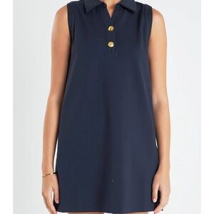 English Factory Navy Sleeveless Dress with Gold Accents